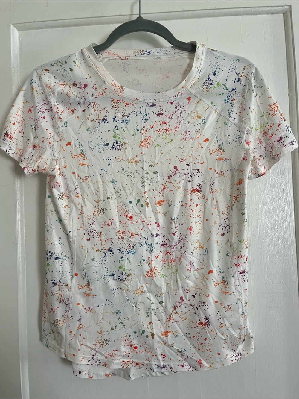 ZYIA White Short Sleeve Tee with Multicolor Splatter Print
